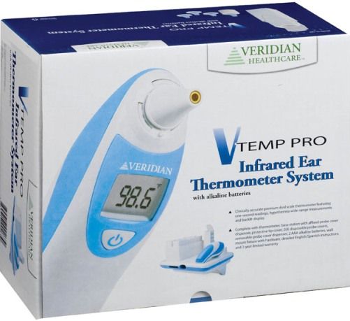 Veridian Healthcare 09-380 V Temp Pro Infrared Ear Thermometer System with Alkaline Battery, Complete ear thermometer system, Hygienic, hands-free probe cover application and disposal; Proven clinically accurate, Instant, one-second readings display on large backlit screen, Probe cover positioning sensor, Fahrenheit/Celsius measurements, UPC 845717002639 (VERIDIAN09380 09380 09 380 093-80)