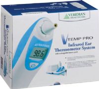 Veridian Healthcare 09-384 V Temp Pro Infrared Ear Thermometer System with Rechargeable Battery, Complete ear thermometer system, Hygienic, hands-free probe cover application and disposal; Proven clinically accurate, Instant, one-second readings display on large backlit screen, Probe cover positioning sensor, Fahrenheit/Celsius measurements, UPC 845717003261 (VERIDIAN09384 09384 09 384 093-84) 