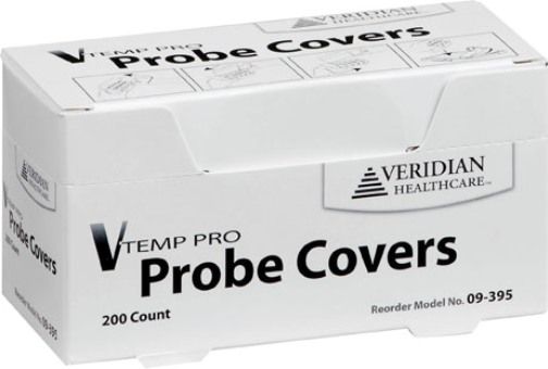 Veridian Healthcare 09-395 V Temp Pro Replacement Probe Covers, Box of 200, Designed and calibrated specifically for use with the V Temp Pro, Unique probe pack and dispenser allows for hands-free application, Provides a sanitary environment for the patient and healthcare professional alike, Disposable and easy-to-use, UPC 845717002646 (VERIDIAN09395 09395 09 395 093-95)