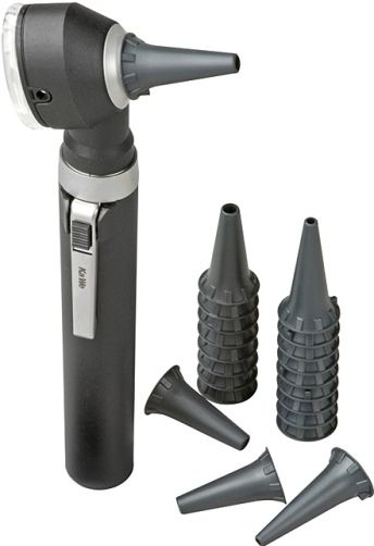 Veridian Healthcare 12-13301 KaWe Piccolight F.O. Black Otoscope, Night, Lightweight, plastic design with convenient pocket clip, First-class fiber optic illumination, 2.5V bright white xenon lamp, Illuminant lifespan approx. 20 hrs., Illumination intensity over 15000 Lux, Pivoting 3X lens magnification, Connection port for pneumatic test, UPC 845717133029 (VERIDIAN1213301 1213301 121-3301 1213-301 12133-01)