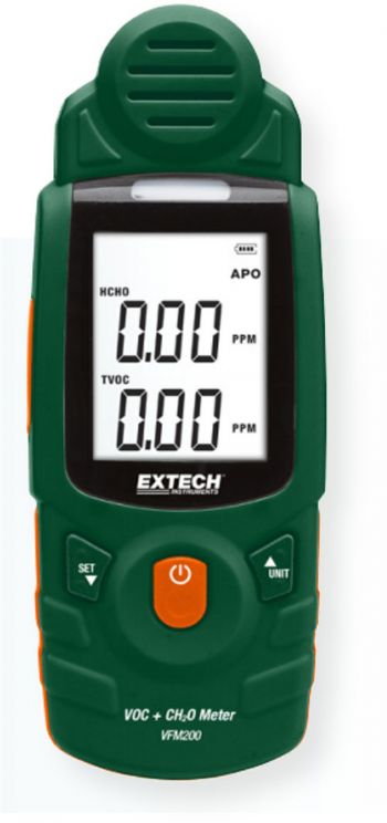 Extech VFM200 VOC Formaldehyde Meter; Backlit LCD displays TVOC (Total Volatile Organic Compound) and HCHO (Formaldehyde) concentrations simultaneously in real time; Built in fast response, high accuracy fuel cell Formaldehyde sensor; Two selectable units of measure (parts per million, miligram per cubic meter); UPC: 793950722008 (VFM200 VFM-200 METER-VFM200 EXTECHVFM200 EXTECH-VFM200 EX-TECH-VFM200)