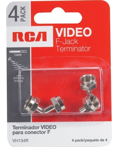 RCA VH134R F Jack Terminators - 4 pack, Convienent 4pk coaxial terminator, Prevents feedback on unused splitter terminals, Type: F Jack Terminator, UPC 044476060823 (VH134R VH-134R)
