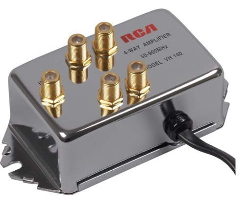 RCA VH140R 4 way video signal amplifier or splitter; Reliable and precise connection; Use with RG6 or RG59 coaxial cable; Amplifies VHF, UHF, and FM signals by 10dB; Compensates for video signal loss with long cable runs; Sends amplified cable signal to up to four video components; UPC 079000308799 (VH140R VH-140R)