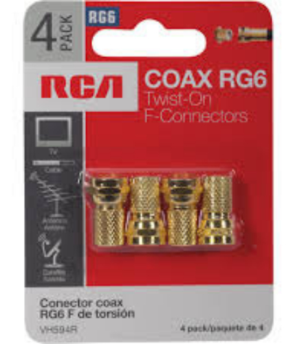 RCA VH594R Twist F Connectors RG6 - 4 pack, RG twist on gold plated F connectors terminate coaxial cables for custom coaxial cable lengths without a crimping tool, UPC 044476061332 (VH594R VH-594R)