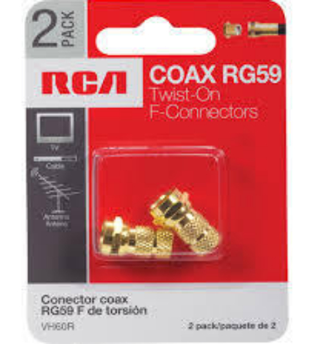 RCA VH60R 2 Twist on F Connectors, Gold plated twist on F connectors, Allows custom coaxial cable lengths, Requires no crimping tool, Terminates RG59 coaxial cables, Lifetime Warranty, UPC 079000403432 (VH60R VH-60R)
