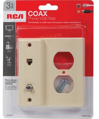 RCA VH63AR Wall Plate w/ 3 RCA jacks - almond; Terminates in-wall coax, phone and power outlets; Connections for one coax cable, one RJ11 phone jack and two standard AC outlet; almond color; UPC 044476066467 (VH63AR VH63AR)