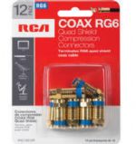 RCA VHC14512R RG6 Quad Compression Connector - 12 pack, Radial compression connectors prevent signal loss for sound reproduction, For Indoor/outdoor use on RG6U quad shield coax cable, 12-pack, UPC 044476060793 (VHC14512R VHC-14512R) 