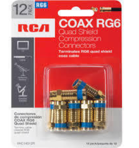 RCA VHC14512R RG6 Quad Compression Connector - 12 pack, Radial compression connectors prevent signal loss for sound reproduction, For Indoor/outdoor use on RG6U quad shield coax cable, 12-pack, UPC 044476060793 (VHC14512R VHC-14512R)