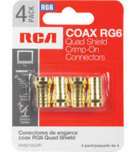RCA VHQ14510R RG6 Quad Sheild Crimp Connector - 10 pack, Convienent 10 pack of precision milled connectors for RG6 quad shield coax cables, UPC 044476060878 (VHQ14510R VHQ1-4510R)