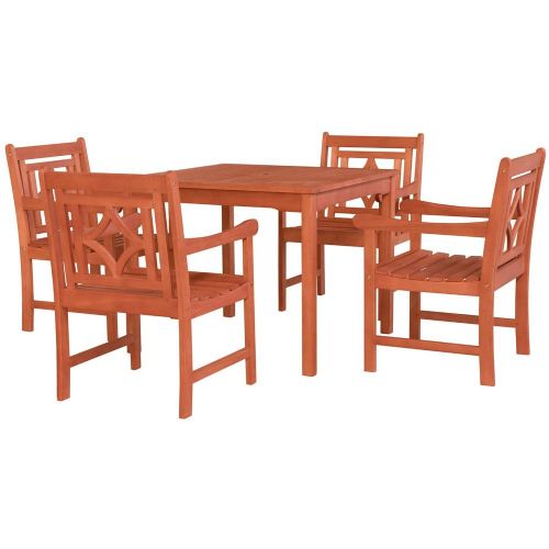 Vifah V1104SET17 Malibu Collection, 5 PC Outdoor Patio Dining Set with 4 Armchairs Square Shaped Table Umbrella Hole Rustic Style and Eucalyptus Solid Wood Construction in Natural Wood Finish; Outdoor Patio Dining Set; Malibu Outdoor 5-piece Wood Patio Stacking Table Dining Set; Included 1 rectangular stacking table with umbrella hole (V1104) and 4 chairs (V1832); No cushion or pillows included; UPC: 8935083289160 (VIFAHV1104SET17 VIFAH V1104-SET17 V1104 SET17 MALIBU PATIO NATURAL)