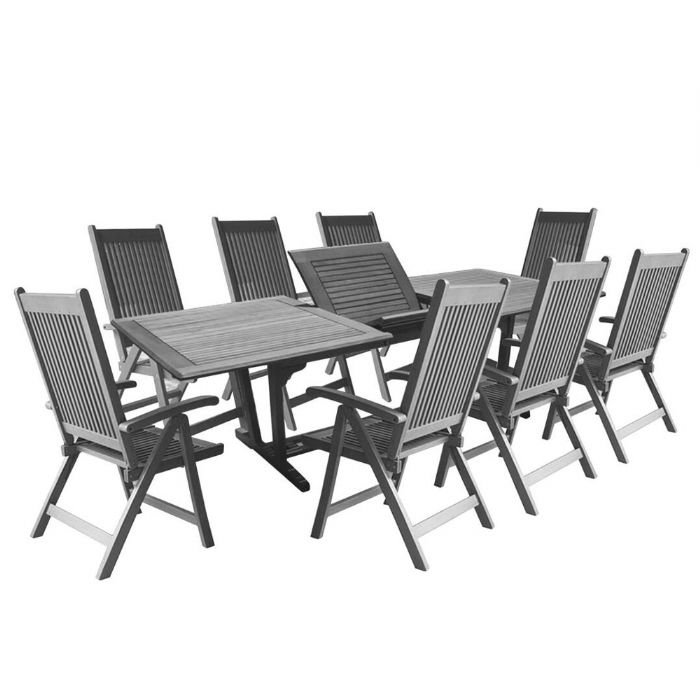 Vifah V1294SET21 Renaissance Collection, 9-Piece Outdoor Patio Dining Set with Rectangular Extension Table and 8 Reclining Chairs; Renaissance Outdoor Patio Hand-scraped Wood 9-piece Dining Set with Extension Table; Vista grey, distressed, oil-rubbed; Included 8 reclining chairs (V1803) and 1 extension table (V1294); No cushion or pillows included; UPC: 8935083286725 (VIFAHV1294SET21 VIFAH V1294-SET21 V1294SET21 RENAISSANCE PATIO VISTA GRAY)