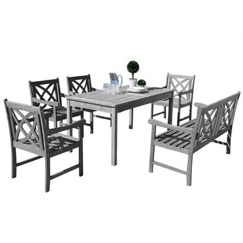 Vifah V1297SET21 Renaissance Collection, 6 PC Outdoor Dining Set with Rectangle Table 4-Foot Bench 4 Armchairs Acacia and Hand-Scraped Hardwood Materials in Grey Color; Renaissance Outdoor 6-piece Hand-scraped Wood Patio Dining Set with 4-foot Bench; Vista grey, distressed, oil-rubbed; Included 1 rectangular table with umbrella hole (V1297), 4 chairs (V1609) and 1 bench (V1615); UPC: 8935083281362 (VIFAHV1297SET21 VIFAH V1297-SET21 V1297SET21 RENAISSANCE PATIO VISTA GREY)