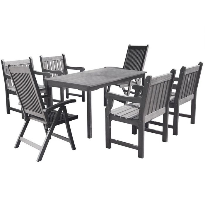 Vifah V1297SET25 Renaissance Collection, 7-Piece Outdoor Patio Dining Set with Table 4 Armchairs and 2 Reclining Chairs; Renaissance Outdoor Patio Hand-scraped Wood 7-piece Dining Set with Reclining Chairs; Vista grey, distressed, oil-rubbed; Included 2 reclining chairs (V1803), 4 armchairs (V1623) and 1 rectangular table (V1297); No cushion or pillows included; UPC: 8935083286596 (VIFAHV1297SET25 VIFAH V1297-SET25 V1297SET25 RENAISSANCE PATIO VISTA GRAY)