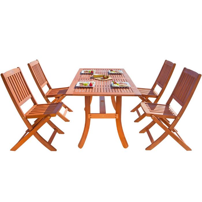 Vifah V189SET3 Malibu Collection, Eco-Friendly 5-Piece Wood Outdoor Dining Set; Malibu Outdoor 5-piece Wood Patio Dining Set with Curvy Leg Table and Folding Chairs; Reddish brown, oil-rubbed; Included 1 rectangular table with umbrella hole (V189) and 4 chairs (V04); No cushion or pillows included; Fast and easy to assemble; Made from Eucalyptus Hardwood; UPC: 8935083277952 (VIFAHV189SET3 VIFAH V189-SET3 V189SET3 MALIBU PATIO NATURAL WOOD)