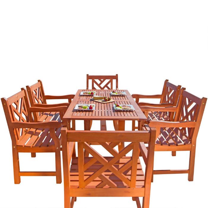 Vifah V189SET9 Malibu Collection, Eco-Friendly 7-Piece Wood Outdoor Dining Set; Malibu Outdoor 7-piece Wood Patio Dining Set with Curvy Leg Table; Reddish brown, oil-rubbed; Included 1 rectangular table with umbrella hole (V189) and 6 chairs (V187); No cushion or pillows included; Fast and easy to assemble; Made from Eucalyptus Hardwood; Natural Wood Finish; UPC: 8935083278010 (VIFAHV189SET9 VIFAH V189-SET9 V189SET9 MALIBU PATIO NATURAL WOOD)