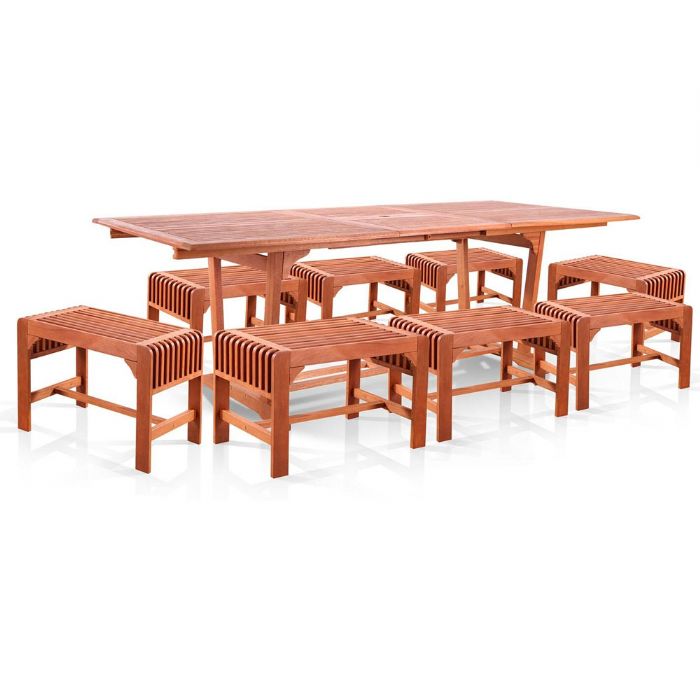 Vifah V232SET29 Malibu Collection, Natural Wood 5-Piece Dining Set with Extension Table and Backless Benches; Malibu Outdoor 5-piece Wood Patio Dining Set with Extension Table, Backless benches and Chairs; Reddish brown, oil-rubbed; Included 1 extension table with umbrella hole (V232), 2 stools (V1398) and 2 benches (V1400); No cushion or pillows included; Fast and easy to assemble; UPC: 8935083233989 (VIFAHV232SET29 VIFAH V232-SET29 V232SET29 MALIBU PATIO NATURAL WOOD)