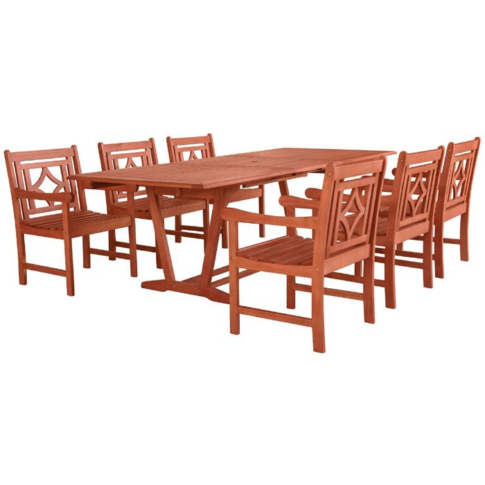 Vifah V232SET41 Malibu Collection, 7 PC Outdoor Patio Dining Set with 6 Armchairs, Rectangular Shaped Table, Umbrella Hole, Rustic Style and Eucalyptus Solid Wood Construction in Natural Wood Finish; Outdoor Patio Dining Set; Malibu Outdoor 7-piece Wood Patio Extendable Table Dining Set; Included 1 extendable rectangular table with umbrella hole (V232) and 6 chairs (V1832); UPC: 8935083289085 (VIFAHV232SET41 VIFAH V232-SET41 V232 SET41 MALIBU PATIO NATURAL)