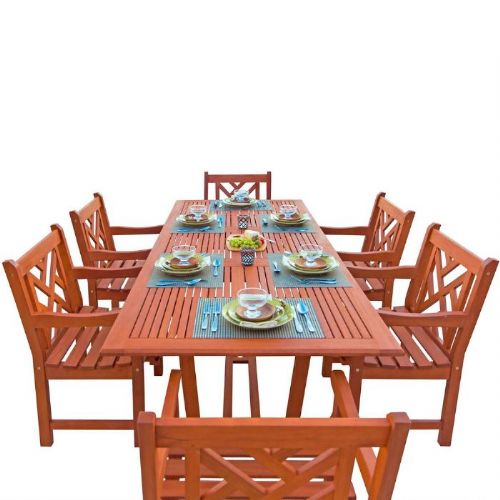 Vifah V232SET8 Malibu Collection, Natural Wood Eco-Friendly 7-Piece Wood Outdoor Dining Set; Malibu Outdoor 7-piece Wood Patio Dining Set with Extension Table; Reddish brown, oil-rubbed; Included 1 extension table with umbrella hole (V232) and 6 chairs (V187); No cushion or pillows included; Fast and easy to assemble; Made from Eucalyptus Hardwood; Natural Wood Finish; UPC: 8935083278065 (VIFAHV232SET8 VIFAH V232-SET8 V232SET8 MALIBU PATIO NATURAL WOOD)