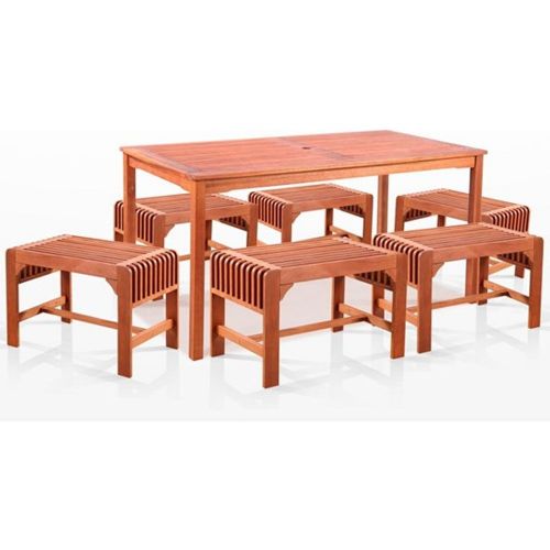 Vifah V98SET36 Malibu Collection, 5-Piece Dining Set with Rectangular Table and Backless Benches In Natural Wood; Malibu Outdoor 5-piece Wood Patio Dining Set with Backless Bench and Chairs; Reddish brown, oil-rubbed; Included 1 rectangular table with umbrella hole (V98) and 4 bench (2xV1398+ 2xV1400); No cushion or pillows included; Fast and easy to assemble; Made from Eucalyptus Hardwood; UPC: 8935083233965 (VIFAHV98SET36 VIFAH V98-SET36 V98 SET36 MALIBU PATIO NATURAL)