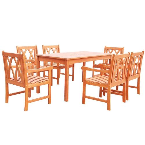 Vifah V98SET45 Malibu Collection, Eco-friendly 7-piece Outdoor Hardwood Dining Set with Rectangle Table and Arm Chairs In Natural Wood; Malibu Outdoor 7-piece Wood Patio Dining Set; Reddish brown, oil-rubbed; Included 1 rectangular table with umbrella hole (V98) and 6 chairs (V1633); No cushion or pillows included; Fast and easy to assemble; Made from Eucalyptus Hardwood; Natural Wood Finish; UPC: 8935083280525 (VIFAHV98SET45 VIFAH V98-SET45 V98 SET45 MALIBU PATIO NATURAL)