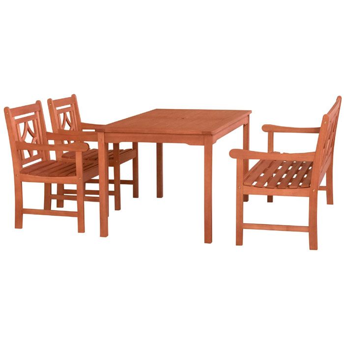 Vifah V98SET68 Malibu Collection, 4 PC Outdoor Patio Dining Set with 2 Armchairs, Bench Rectangular Shaped, Table Umbrella Hole Rustic Style and Eucalyptus Solid Wood Construction in Natural Wood Finish; Outdoor Patio Dining Set; Malibu Outdoor 4-piece Wood Patio Rectangular Table Dining Set; Included 1 rectangular table with umbrella hole (V98), 1 bench (V1834) and 2 chairs (V1832); UPC: 8935083288903 (VIFAHV98SET68 VIFAH V98-SET68 V98 SET68 MALIBU PATIO NATURAL)