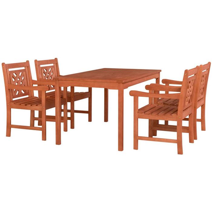 Vifah V98SET71 Malibu Collection, 5 PC Outdoor Patio Dining Set with 4 Armchairs, Rectangular Shaped Table Umbrella Hole Rustic Style and Eucalyptus Solid Wood Construction in Natural Wood Finish; Outdoor Patio Dining Set; Malibu Outdoor 5-piece Wood Patio Rectangular Table Dining Set; Included 1 rectangular table with umbrella hole and 4 chairs; No cushion or pillows included; UPC: 8935083288934 (VIFAHV98SET71 VIFAH V98-SET71 V98 SET71 MALIBU PATIO NATURAL)