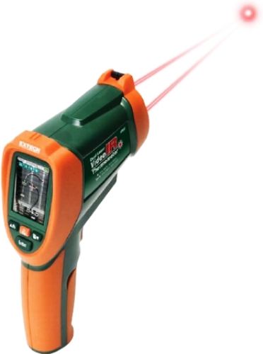 Extech VIR50 Dual Laser IR Video Thermometer; Non-contact IR Temperature measurement from -58 to 3992F (-50 to 2200C) with 50:1 distance to target ratio; Built-in VGA (640 x 480) Camera; MicroSD card for capturing images (JPEG) and video (3GP) for viewing on your PC; Dual laser indicates ideal measuring distance where the two laser points converge to a 1