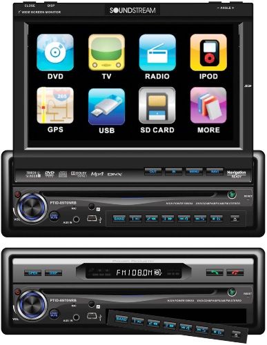Soundstream VIR-7870NRB Single Din A/V Source Unit with Digital 7 Flip-Up TFT-LCD Touch Screen and Bluetooth 2.0, 480 x 234 Screen Resolution, 350 NIT Backlight Brightness, Motorized TFT-LCD Telescopes Forwards/Backwards w/Pre-Set Angles, Detachable Theft Deterrent Front Panel Flips Down for DVD Loading, UPC 709483031951 (VIR7870NRB VIR 7870NRB VIR-7870NR VIR-7870N VIR-7870)
