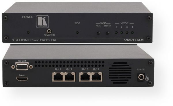 KRAMERELECTRONICVM1H4C 1:4 HDMI Twisted Pair Transmitter and Distribution Amplifier; HDTV Compatible; HDCP Compliant; 3D Pass-Through; Active Input and Output LED Indicators; INDICATOR LEDs: Power, INPUT, OUTPUT 1, 2, 3 and 4; POWER CONSUMPTION: 12V DC, 2A; OPERATING TEMPERATURE: 0 to +40 C (32 to 104 F); STORAGE TEMPERATURE: -40 to +70 C (-40 to 158 F); HUMIDITY: 10 Percent to 90 Percent, RHL non-condensing. (KRAMERELECTRONICVM1H4C DEVICE ENERGY AMPLIFIER SIGNAL)