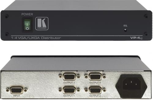 Kramer Electronics KRA-VP4XL 1:4 Computer Graphics Video Distribution Amplifier, HDTV Compatible, EQ (Peaking) Control, ID Bit Control, DIFF. GAIN: 0.12%, DIFF. PHASE: 0.28Deg, K-FACTOR: less 0.05%, S/N RATIO: 73.7dB, CONTROLS: EQ: 0 to 6.6dB @50MHz. (VP4xl VP-4xl VP-4xl BTX)