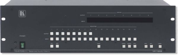 Kramer VP-1608 Model 16x8 RGBHV and Balanced Stereo Audio Matrix Switcher; High Bandwidth 400MHz (3dB) fully loaded; HDTV Compatible; Control Front panel, RS232 (KRouter Windowsbased Kramer software is included), and RS485, IR remote (included); Front Panel Control Lockout; Take Button Executes multiple switches all at once; Memory Locations Stores multiple switches as presets to be recalled and executed when needed (VP1608 KRAMER VP 1608 KRAMER VP-1608)
