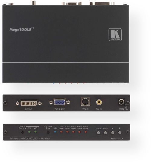 KRAMERELECTRONICSVP417 Video to Computer Graphics, DVI & HDTV ProScale Digital Scaler (up to WUXGA/1080p); HDTV Compatible; Built-in ProcAmp - Color, sharpness, brightness, contrast, etc; Non-Volatile Memory - Saves final settings; Multiple Aspect Ratio Selections; Digital Noise Reduction - On/Off; Controls - Front panel buttons, on-screen menus; HD Indicator LED; PRODUCT DIMENSIONS: 18.75cm x 11.50cm x 2.54cm (7.38