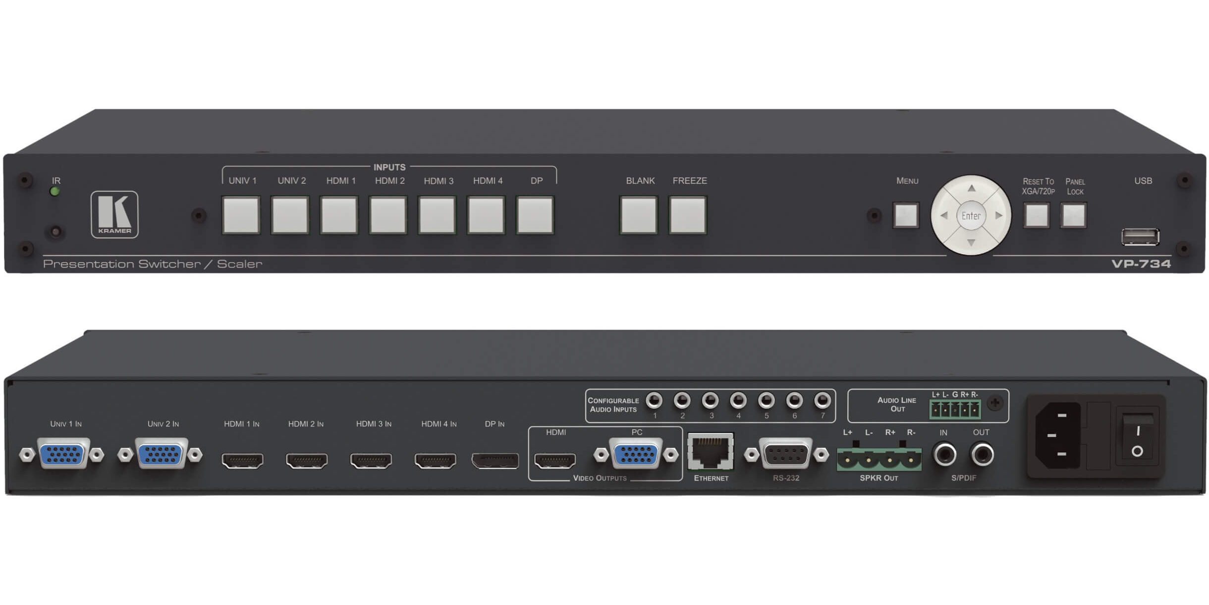 KRAMERVP734 Model 7input ProScale Presentation Switcher/4K30 UHD Scaler; Kramers PixPerfect Scaling Technology; Fast FadeThruBlack (FTB) Switching; HDTV Compatible; HDCP Compliant; Output Resolutions With selectable refresh rates; Scaled Video Outputs; Multiple Aspect Ratio Selections; Scales and Zooms; Stereo Analog Audio Inputs; Embed/Deembed Audio; Advanced Noise Reduction Features; Shipping Weight: 7.5 Lbs (KRAMERVP734 DEVICE SOUND DISPLAYPORT SCALER)