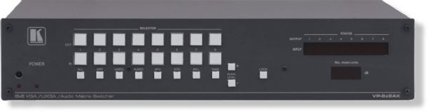 Kramer Electronics VP-8X8 8x8 Computer       Graphics Video Matrix Switcher; INPUT: 8 VGA on 15−pin HD connectors (VGA       through UXGA); OUTPUTS: 8 VGA on 15−pin HD connectors (VGA through UXGA);       MAX. OUTPUT LEVEL: 1.5Vpp; BANDWIDTH (-3DB): 400MHz; DIFF. GAIN: 0.04       Percent; DIFF. PHASE: 0.04Deg; K-FACTOR: less than 0.05 Percent; S/N       RATIO: 75dB; CROSSTALK (ALL HOSTILE): 53dB; COUPLING: DC; CONTROLS: 22       front panel buttons, RS−232, RS−485, Ether