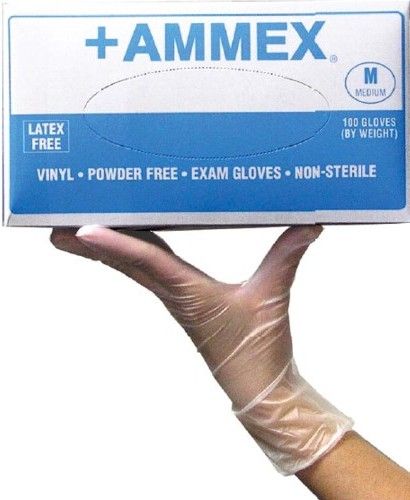Ammex VPF64100 +AMMEX Medium Powder Free Medical Vinyl Gloves, Clear, Beaded Cuff, Smooth, Latex Free, Superb Tensile Strength, Cuff Thickness 3 +/- 1 mil, Palm Thickness 4 +/- 1 mil, Finger Thickness 6 +/- 1 mil, 95 +/- 10 mm Width, 235 +/- 5 mm Length, 100 gloves per box, Box Dimensions 240 x 125 x 63 mm, UPC 697383401021 (VPF-64100 VPF 64100 VP-F64100)