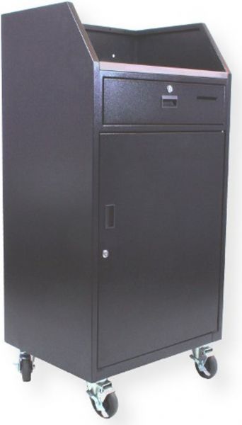 Amplivox VS1050 Portable Valet Podium with 50 key capacity; 50 key capacity; Welded 12 gauge formed steel metal cabinet; Scratch-resistant textured black finish; Brushed stainless steel working surface; Key hooks with screen printed white numbers for easy reference; Zinc hardware; 1.50