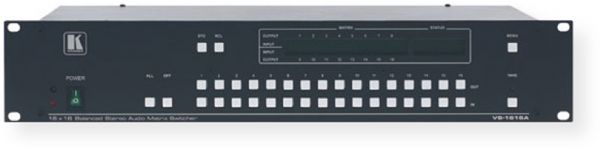 Kramer VS-1616A Model 16x16 Balanced Stereo Audio Matrix Switcher; Expandable to 96 x 96 Using Multiple Units; S/N Ratio 82.2dB unweighted (1Vpp); Memory Locations Stores multiple switches as presets to be recalled and executed when needed; Take Button Executes multiple switches all at once; Control Front panel, RS232 (KRouter Windowsbased Kramer software is included), UPC 104000004782 (VS1616A KRAMER VS 1616A KRAMER VS-1616A)