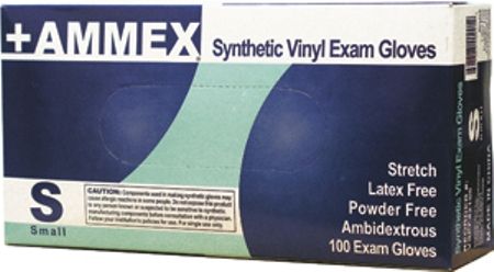 Ammex VSPF42100 +AMMEX Small Powder Free Medical Grade Stretch Vinyl Gloves, Natural, Beaded Cuff, Smooth Exterior, Latex Free, Cuff Thickness 3 +/- 1 mil, Palm Thickness 4 +/- 1 mil, Finger Thickness 6 +/- 1 mil, 85 +/- 5 mm Width, 235 +/- 5 mm Length, 100 gloves per box, Box Dimensions 240 x 125 x 70 mm, UPC 697383402912 (VS-PF42100 VSP-F42100 VSPF-42100 VSPF 42100)