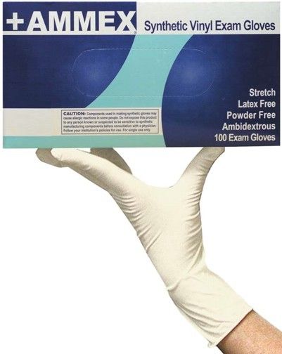 Ammex VSPF44100 +AMMEX Medium Powder Free Medical Grade Stretch Vinyl Gloves, Natural, Beaded Cuff, Smooth Exterior, Latex Free, Cuff Thickness 3 +/- 1 mil, Palm Thickness 4 +/- 1 mil, Finger Thickness 6 +/- 1 mil, 95 +/- 5 mm Width, 235 +/- 5 mm Length, 100 gloves per box, Box Dimensions 240 x 125 x 70 mm, UPC 697383402929 (VS-PF44100 VSP-F44100 VSPF-44100 VSPF 44100)