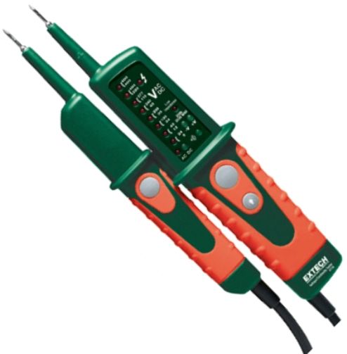 Extech VT10 Multifunction Voltage Tester, LED AC Voltage Indication: 24V, 48V, 120V, 208V, 240V, 277V, 480V, 600V, LED DC Voltage Indication: 6V, 12V, 24V, 36V, 48V, 110V, 220V, 400V, Polarity detection with LEDs for positive and negative DC, Continuity Test with audible tone, Phase rotation test for motors, UPC 793950710104 (VT-10 VT 10)