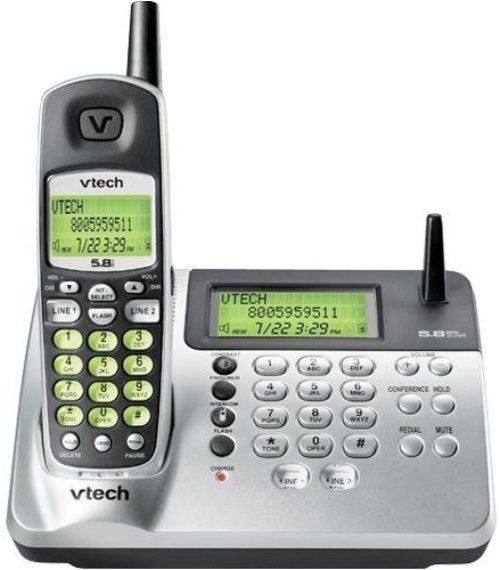 Vtech VT5879 Two-Line Cordless Phone with Dual CID/Keypad, 5.8GHz technology, Two-line operation on handset and base, Call Waiting Caller ID, Backlit keypad and display, 45-call memory, 20 name-/number phonebook directory, Nine programmable speed dials, keypad and speakerphone on base (VT 5879 VT-5879)