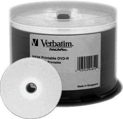 Verbatim 94854 DataLifePlus DVD-R Media, 120mm Form Factor, Single Layer, 8X Maximum Write Speed, DVD-R Media Formats, Inkjet Print Technology, Hub Printable, DataLife Plus Product Line, 4.7GB Storage Capacity, White Inkjet Surface, DVD-R Media, 50 Pack Quantity, UPC 023942948544 (94854 VERBATIM94854 VERBATIM-94854 VERBATIM 94854)