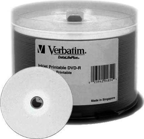 Verbatim 95079 DataLifePlus DVD-R Media, 120mm Form Factor, Single Layer, 16X Maximum Write Speed, DVD-R Media Formats, Inkjet Print Technology, Hub Printable, 4.7GB Storage Capacity, White Inkjet Surface, DVD-R Media, 50 Pack Quantity, UPC 023942950790 (95079 VERBATIM95079 VERBATIM-95079 VERBATIM 95079)