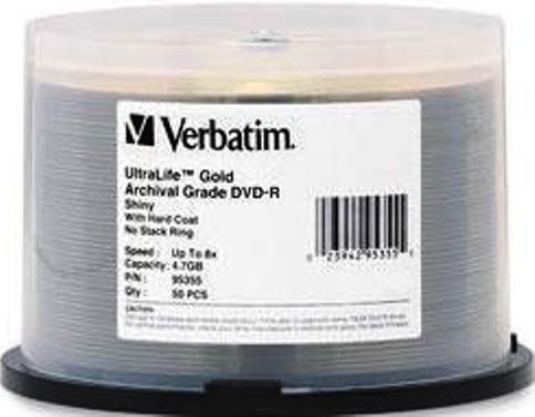Verbatim 95355 DVD-R Media, 120mm Form Factor, Single Layer, 8X Maximum Write Speed, DVD-R Media Formats, Cake Box Packing, 50 Pack Quantity, 4.7GB Storage Capacity, Gold Lacquer Surface, DVD-R Media, UPC 023942953555 (95355 VERBATIM95355 VERBATIM-95355 VERBATIM 95355)