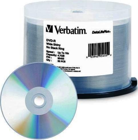 Verbatim 95455 DataLifePlus DVD-R Media, 120mm Form Factor, Single Layer, 16X Maximum Write Speed, DVD-R Media Formats, Thermal Print Technology, Hub Printable Printable, 4.7GB Storage Capacity, Silver Lacquer Surface, DVD-R Media, 50 Pack Quantity, UPC 023942954552 (95455 VERBATIM95455 VERBATIM-95455 VERBATIM 95455)