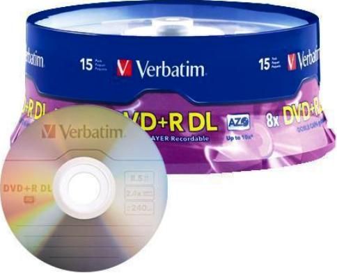 Verbatim 95484 Branded DVD+R Double Layer Media, 120mm Form Factor, Double Layer, 8X Maximum Write Speed, DVD+R DL Media Formats, 8.5GB Storage Capacity, Shiny Silver Surface, DVD+R Media Type, 15 Pack Quantity, UPC 023942954842 (95484 VERBATIM95484 VERBATIM-95484 VERBATIM 95484)
