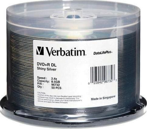 Verbatim 96732 DVD+R Double Layer Media, 120mm Form Factor, Double Layer, 2.4X Maximum Write Speed, DVD+R DL Media Formats, DataLife Plus Product Line, 8.5GB Storage Capacity, Shiny Silver Surface, DVD+R Media, 50 Pack Quantity, UPC 023942967323 (96732 VERBATIM96732 VERBATIM-96732 VERBATIM 96732)