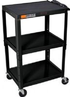 Luxor W42AE Adjustable Steel AV Cart with 3 Shelves, Black, Adjustable 24-42", Height is a 1/4" retaining lip around each shelf, Both the top and middle shelf feature holes for cable management, The is arc welded from 18 gauge steel, Includes four 4" casters two with locking brake, Includes a non-slip rubber mat for the top shelf, UPC 812552010501 (W42-AE W42 AE W-42AE W42A) 