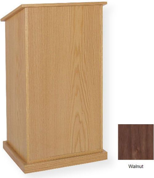 Amplivox W470 Chancellor Lectern, Walnut; Made of solid, high quality wood veneer; Moves effortlessly on 4 hidden casters; 2 large adjustable shelves; Solid Wood Veneer; Optional locking door S1310 (not included); Product Dimensions 45