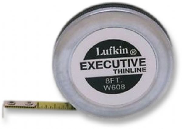 Lufkin W608 Thin Line 8' Pocket Tape Measure; Yellow measuring tape in compact polished chrome case with spring-action blade return; Graduations in consecutive inches to 0.06